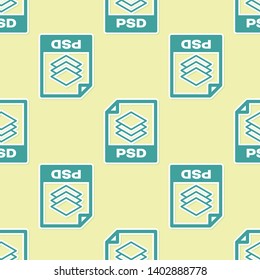 Green PSD file document icon. Download psd button icon isolated seamless pattern on yellow background. PSD file symbol. Vector Illustration