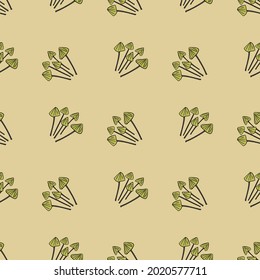 Green psilocybe semilanceata mushroom contoured ornament seamless pattern. Light orange background. Stock illustration. Vector design for textile, fabric, giftwrap, wallpapers.