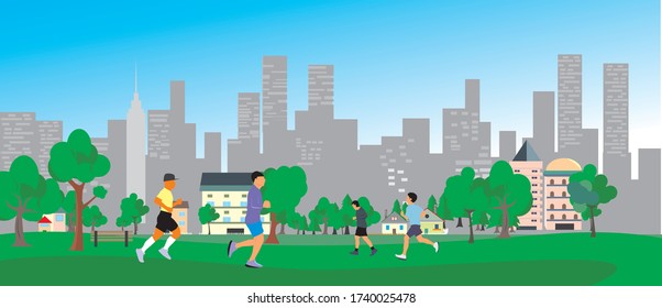 Green public park vector image Large city center With people coming out for jogging