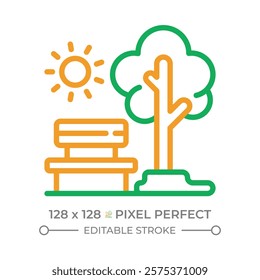 Green public spaces two color line icon. Public park bench and tree. Outdoor recreation. Nature landscape. Bicolor outline symbol. Duotone linear pictogram. Isolated illustration. Editable stroke