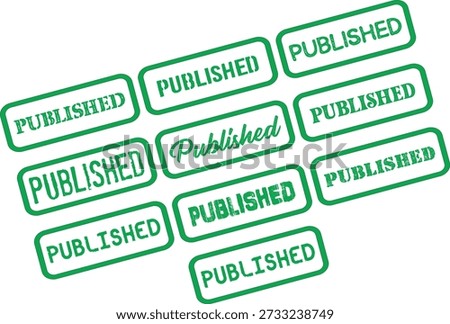 Green 'published' stamps on transparent background vector graphic with multiple text labels