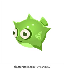 Green Puffer Fish Character Isolated Flat Childish Colorful Vector Icon On White Background