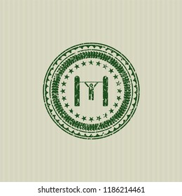 Green pull up icon inside distress rubber seal with grunge texture