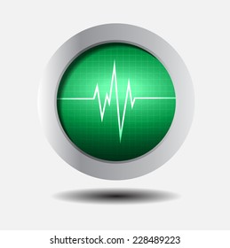 Green pulse heart glossy web icon on dark silver background. Light Abstract Technology background for computer graphic website and internet. 