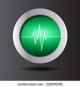Green pulse heart glossy web icon on dark black background. Light Abstract Technology background for computer graphic website and internet. 