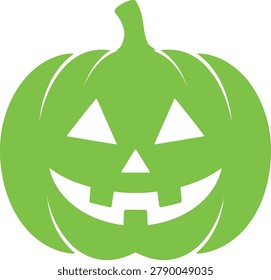 Green pumpkin carved into a jackolantern with triangular eyes and a toothy grin isolated on transparent background