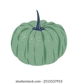 Green pumpkin in flat retro style isolated on white background. Fall harvest gourd. Symbol of Halloween, autumn, crop, thanksgiving day, fruitful year.