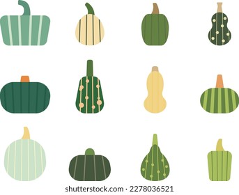 Green pumpkin illustrations set seen from the front of various shapes.