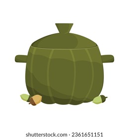 Green pumpkin pot. Icon. Kitchenware. With acorns. Isolated object on a white. Postcard. Vector cartoon illustration. 