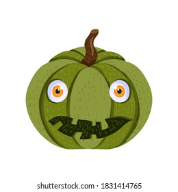 Green pumpkin with scare smile for halloween holiday. Traditional halloween symbol for party or greeting card, invitation design. Cartoon vector illustration