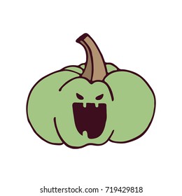 Green pumpkin with spooky face. Isolated design elements for Halloween kid party. Vector illustration.
