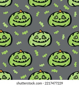 Green pumpkins and candies seamless pattern for Halloween on a dark background.