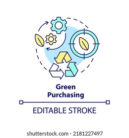 Green Purchasing Concept Icon. Procurement Strategy Abstract Idea Thin Line Illustration. Environmentally Preferable Buy. Isolated Outline Drawing. Editable Stroke. Arial, Myriad Pro-Bold Fonts Used