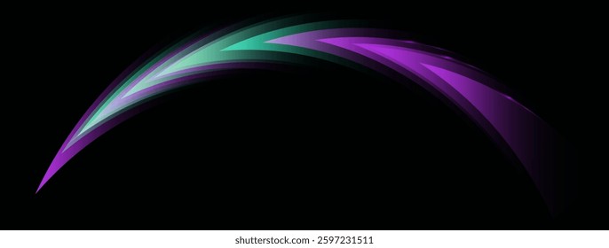 Green and purple arc arrow on black background, Banner Copy space with glowing triangles. Turquoise comet trail. Bright Abstract backdrop. 
 rainbow wave