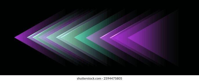 Green and purple arrow on black background, Copy space with glowing triangles. Abstract light backdrop. Business growth Banner , development progress, financial  success route