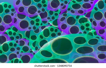 Green and purple background with bubbles in techno style. Multiworlds  illusion. Surrealism font, hypnotic psychedelic pattern
