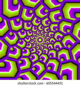 Arrière-plan vert et violet avec fleur de style techno. Illusion de spirale.