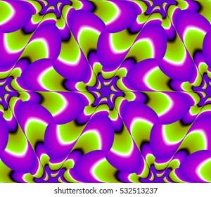Green and purple background with flowers. Motion illusion. Seamless pattern.
