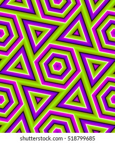 Green and purple background with hexagons and triangles (motion illusion). Seamless pattern.