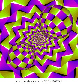 Green and purple background with moving spheres. Spin illusion.
