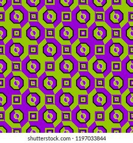 Green and purple background with octagons and squares. Optical illusion of movement. Seamless pattern.