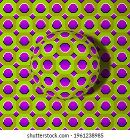Green and purple background from octagons and squares with moving ball. Motion illusion.