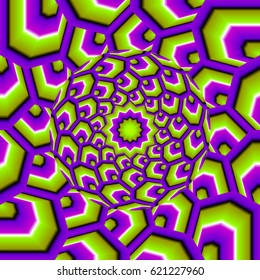 Green and purple background with rotating sphere in techno style. Spin illusion.