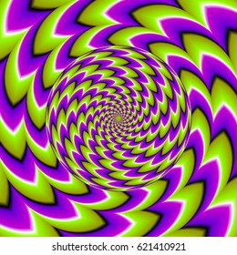 Green and purple background with the rotating sphere. Spin illusion.