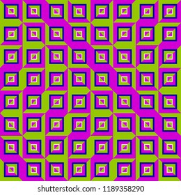 Green and purple background with squares. Optical illusion of movement. Seamless pattern.