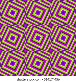 Green and purple background with stars and squares (motion illusion). Seamless pattern.