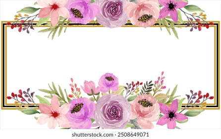 Green purple flower frame with watercolor