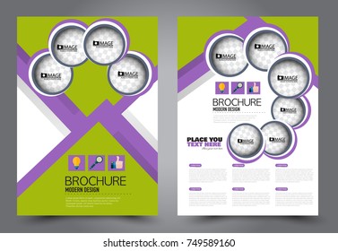 Green and purple flyer template design. Brochure abstract background for business, education, presentation, advertisement. Corporate identity style concept. Editable vector illustration.