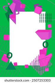 Green and purple geometrical graphic retro theme background with place for text. Minimal geometric elements frame. Vintage abstract shapes vector illustration for advertising.
