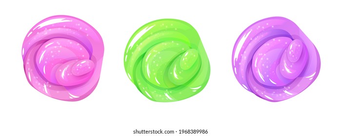 Green and purple glossy slimes set. Cartoon vector illustration