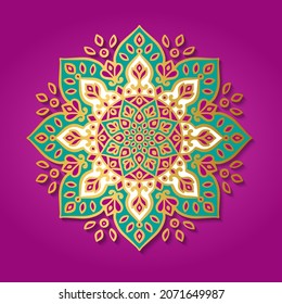 Green, purple and gold mandala pattern. Vintage, paisley vector elements. Traditional, Turkish, Indian motifs. Great for fabric and textile, wallpaper, packaging or any desired idea.