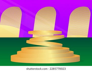 Green, Purple and Gold product display podium. Abstract cylinder pedestal mockup. Stage showcase for presentation. Minimal geometric forms, empty scene.