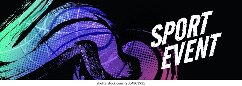 Grüner und violetter Farbverlauf-Pinselhintergrund mit Halbtoneffekt. Sportlicher Hintergrund mit Grunge Concept