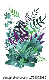 Green and purple gradient colour plants ornament with variant plants on a white background 