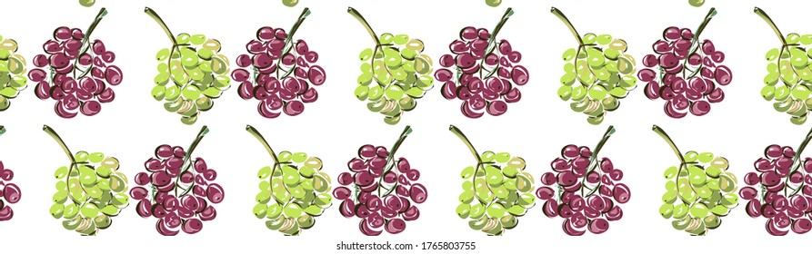 Green purple grapes.Seamless pattern for use in printing onto fabric, objects, wallpaper on walls, and more. Pattern on a transparent background. Vegan. Vegetation.