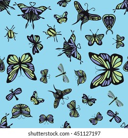 Green and purple insects seamless pattern