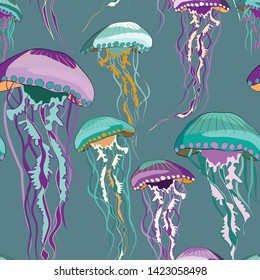 Green and purple jellyfish seamless pattern. Vector illustration of jellyfish on turquoise background