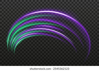 Rayos de luz verde y púrpura con un reflejo curvo agudo. Diseños de ciencia ficción, transiciones de luz y efectos futuristas. Brillantes rayas de neón y brillo dinámico sobre fondo transparente