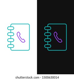 Green and purple line Address book icon isolated on white and black background. Notebook, address, contact, directory, phone, telephone book icon.  Vector Illustration