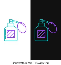 Green and purple line Aftershave icon isolated on white and black background. Cologne spray icon. Male perfume bottle.  Vector Illustration
