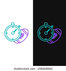 Green and purple line American Football ball and stopwatch icon isolated on white and black background. Set of sport equipment.  Vector Illustration