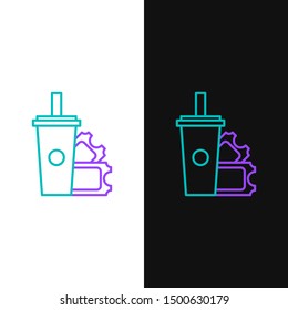 Green and purple line American Football ticket and paper glass soda with drinking straw icon isolated on white and black background.  Vector Illustration