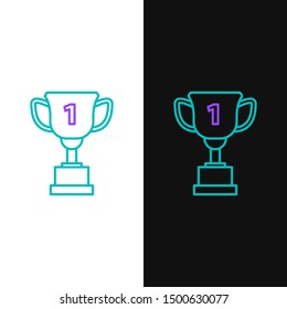 Green and purple line Award cup icon isolated on white and black background. Winner trophy symbol. Championship or competition trophy. Sports achievement sign.  Vector Illustration