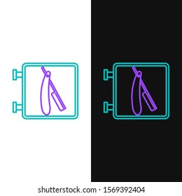 Green and purple line Barbershop with razor icon isolated on white and black background. Hairdresser logo or signboard.  Vector Illustration