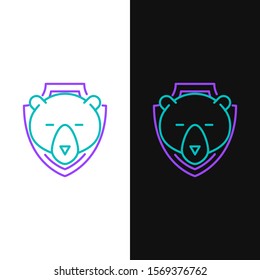 Green and purple line Bear head on shield icon isolated on white and black background. Hunting trophy on wall.  Vector Illustration
