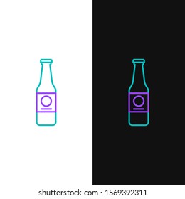 Green and purple line Beer bottle icon isolated on white and black background.  Vector Illustration